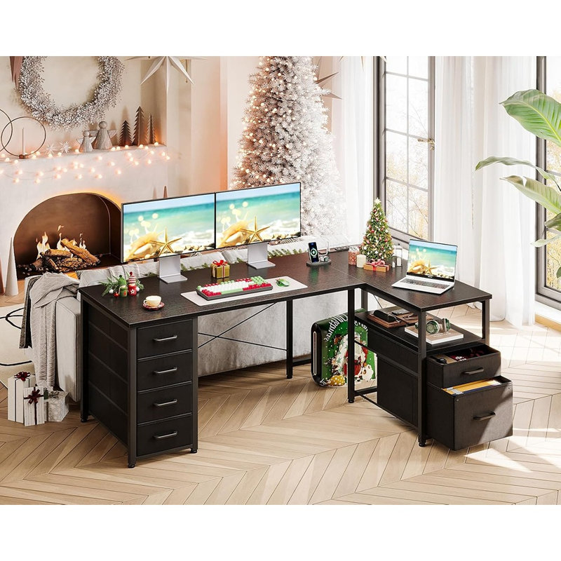 Bureau de coin en coin avec 6 tiroirs, tablette réversible et prise de courant, noir