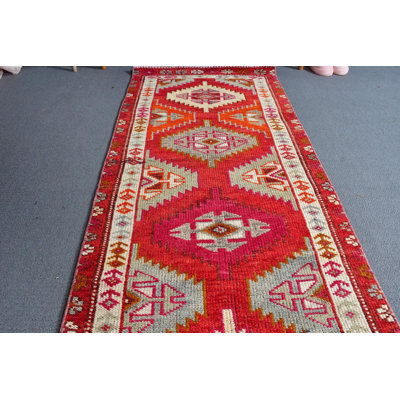 30.3x133.9 Inch Red Wool Kilim Rug, Patchwork Runner Rug