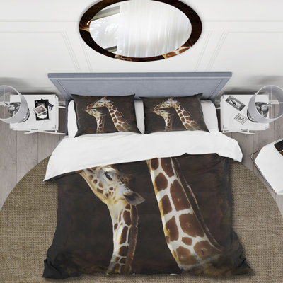 Portrait of Two Giraffes Kissing I - Ensemble de housse de couette Farmhouse - Microfibre de polyester