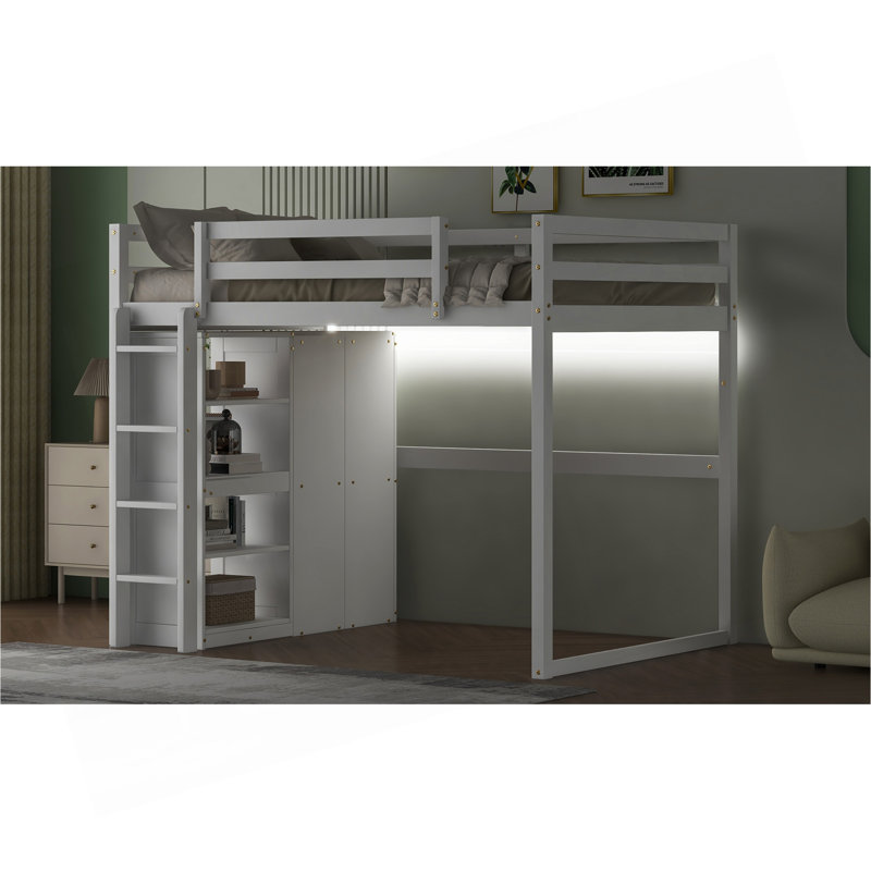 Lit mezzanine double en bois avec garde-robe intégrée et tablettes de rangement, lumière DEL, blanc