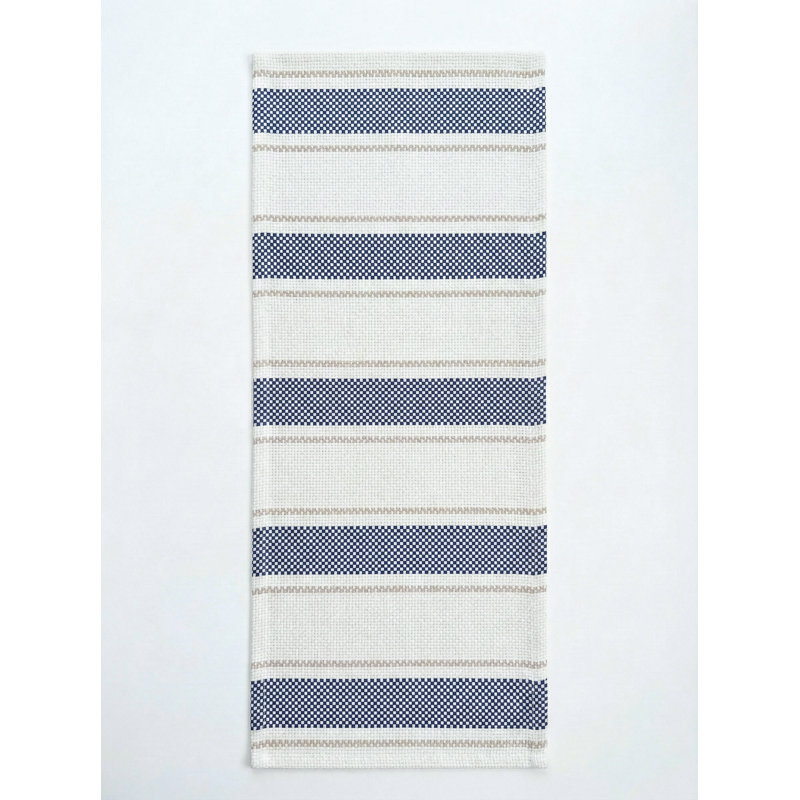Sandy Beige Sail Stripe Indoor Outdoor Table Runner 14x72, Navy Blue