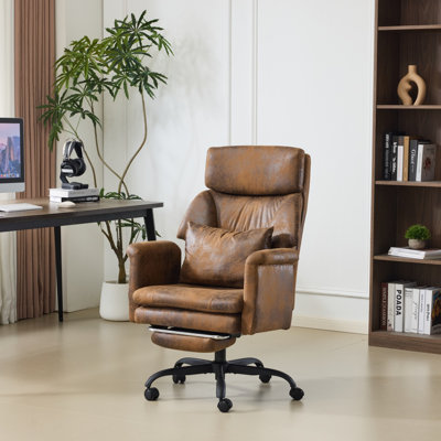 Rustic Reclining Office Chair with Footrest, High Back and Flip-Up Arms - Hot Stamping Fabric Ergonomic Desk Chair for Lounge and Nap