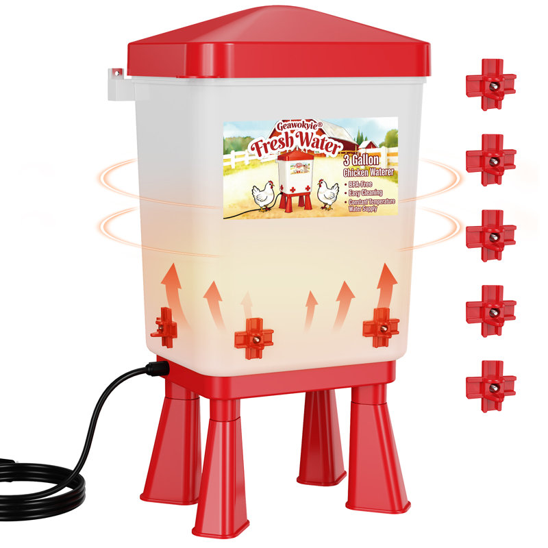 Abreuvoir chauffant de 11,4 litres (3 gallons) avec contrôle thermostatique, distributeur d'eau d'hiver pour volailles 50 W 110 V avec 5 embouts, 3 options de montage, abreuvoir chauffant sans BPA pour poules, canards et volailles de basse-cour