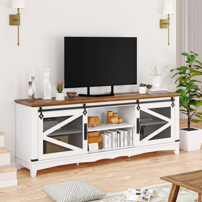 Meuble télé 75 po pour salon - Meuble audio-vidéo avec 2 portes coulissantes, 2 tablettes ouvertes et rangement, d'une hauteur de 28 po
