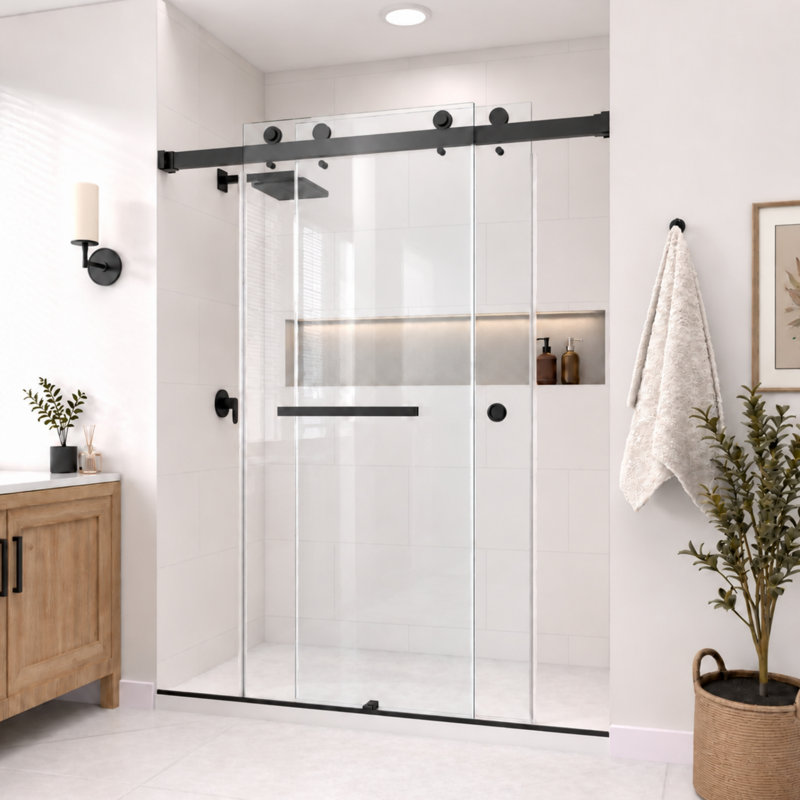 CatalystFP 62"-67"W x 76"H Double Sliding Frameless Shower Door in Matte Black with 3/8" Clear Glass, 66"Wx76"H, Matte Black