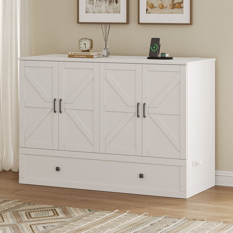 Lit escamotable avec rangement Farmhouse, armoire escamotable avec station de charge intégrée pour chambre à coucher, chambre d'amis