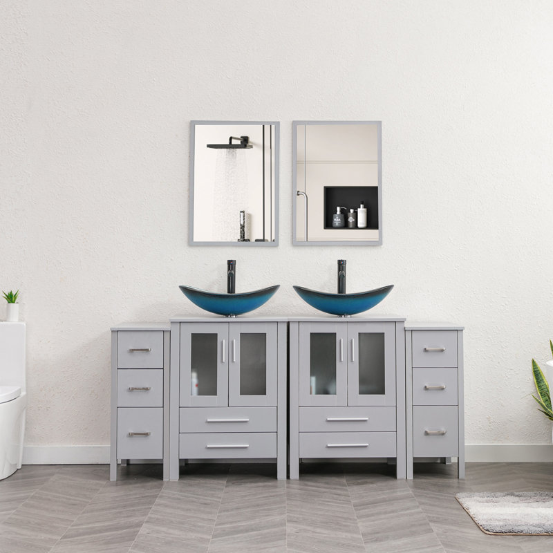 Brazel 72'' Free Standing Double Bathroom Vanity with Manufactured Wood Top, Vessel Sink, Faucet, Drain, Blue, Gray