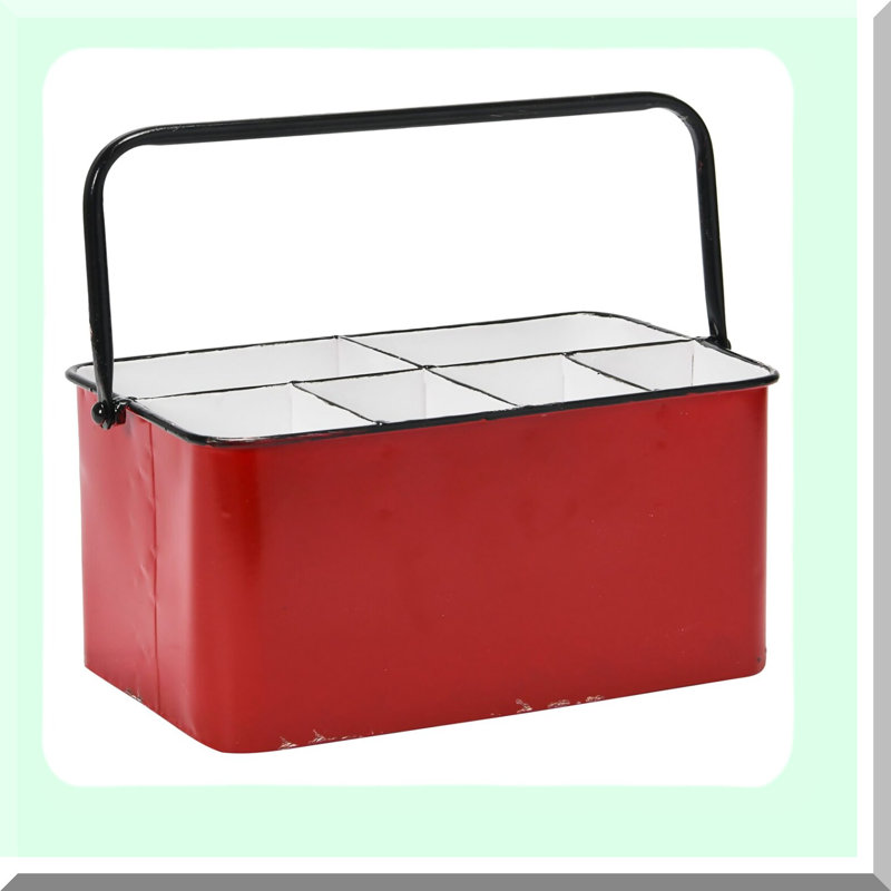 Rustic Charm 6-Compartment Metal Storage Caddy - Distressed Red & White with Handle