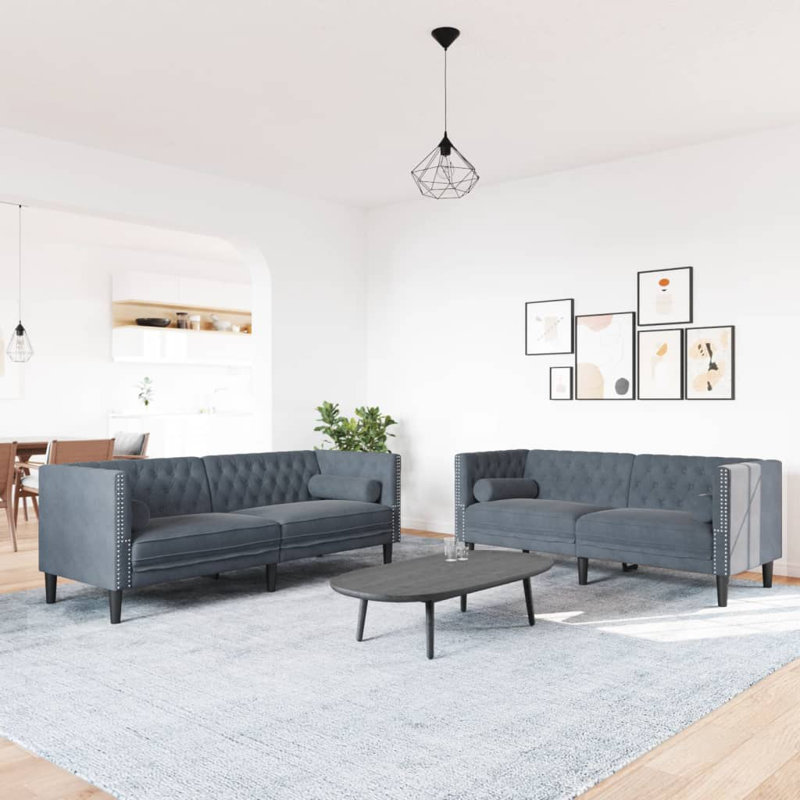 Canapé Chesterfield 2 pièces avec traversins House of Hampton® en velours gris foncé