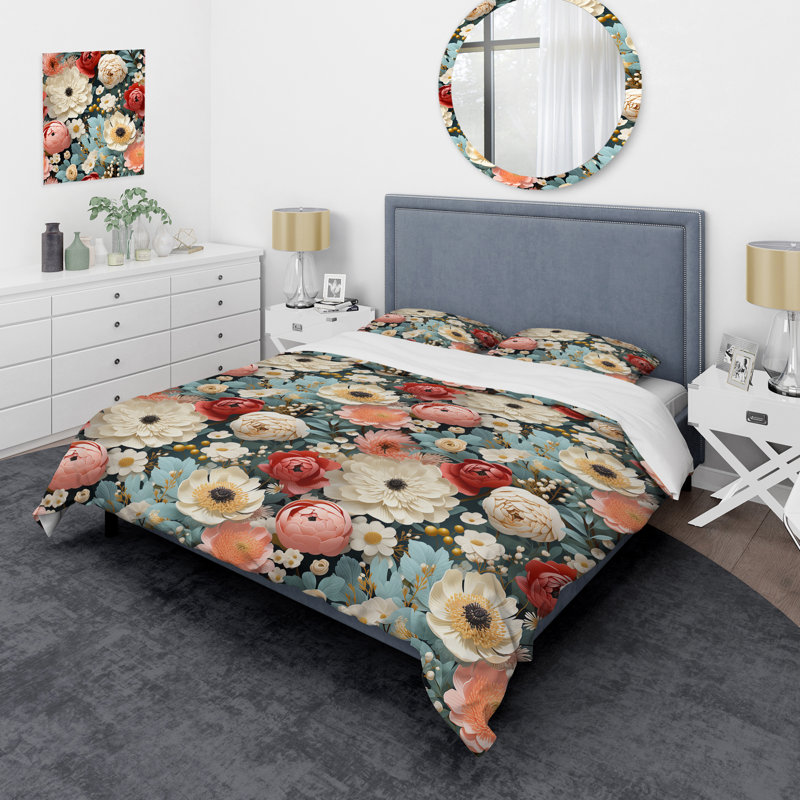 Ensemble de housse de couette à motif floral rose et beige Delight, Housse de couette simple + 1 taie décorative stan