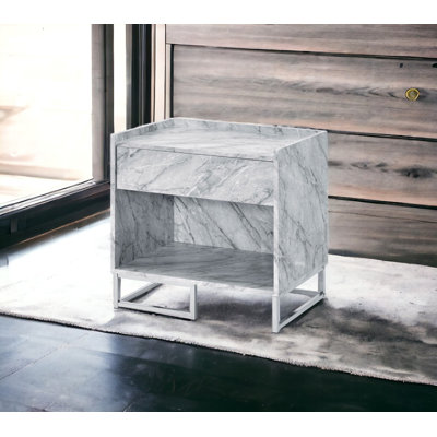 White Printed Faux Marble & Chrome Finish nightstand