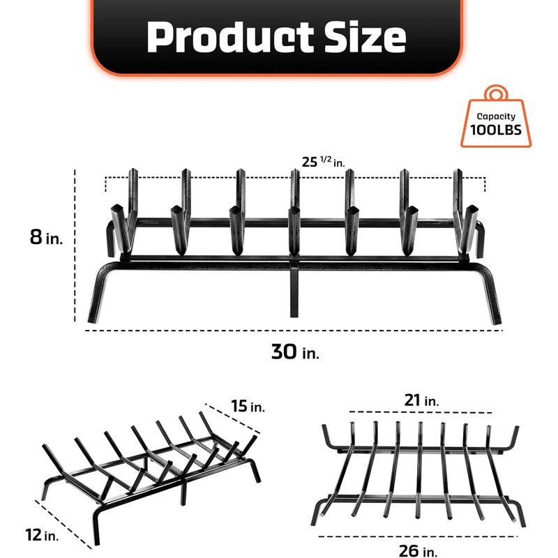 Rectangular Grate Log Grate Semi Assemble, 8" H x 15" W x 30" D