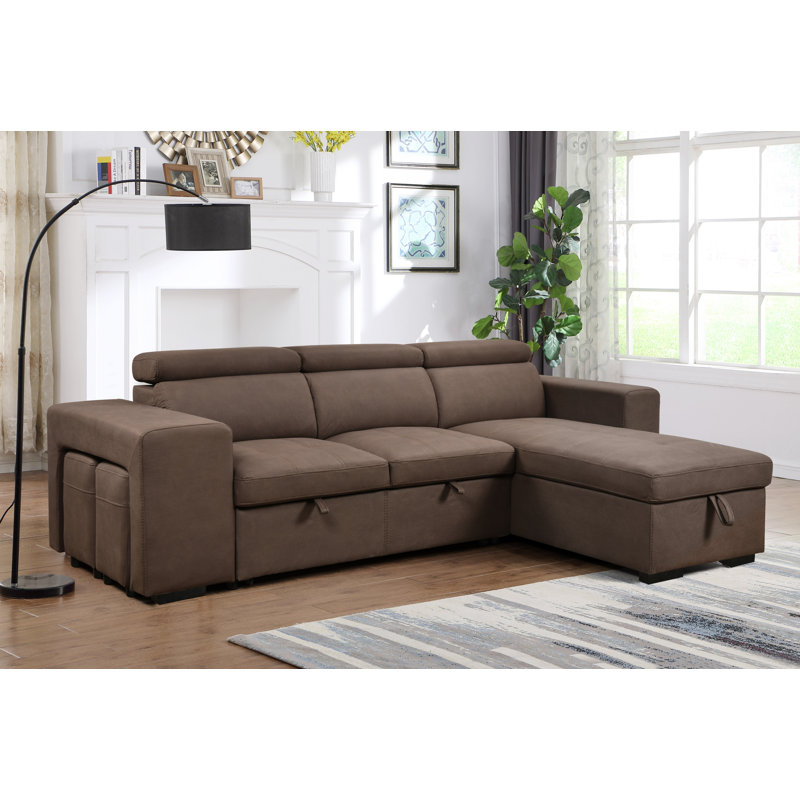 Dorla 102.7'' L-Shaped Reversible Sectional Sleeper Sofa 2 In 1 Convertible Sectional Sofa With Pull Out Bed, Storage Chaise And 2 Stools