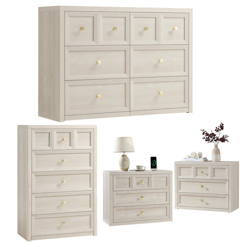 4-Pieces  Bedroom Set, White - 6 and 5 Drawers Dresser And 3 Drawers Nightstand Set Of 2, Gray White