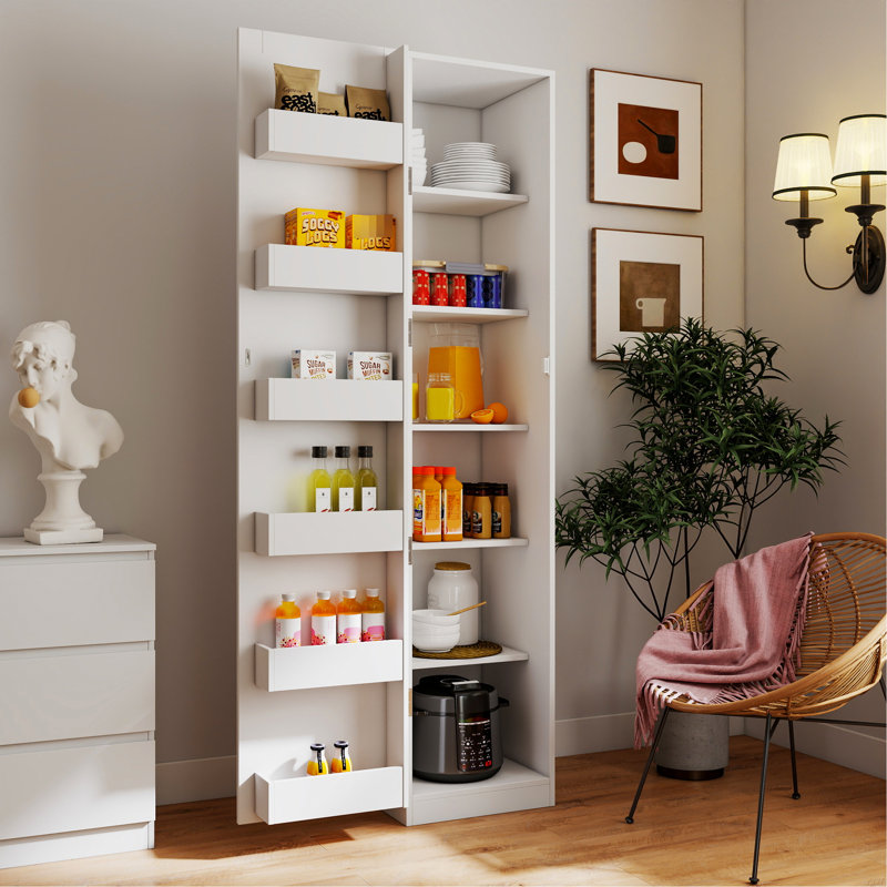 Garde-manger blanc multifonctionnel avec 5 tablettes, 12 tablettes latérales et réglables pour armoire de rangement personnelle