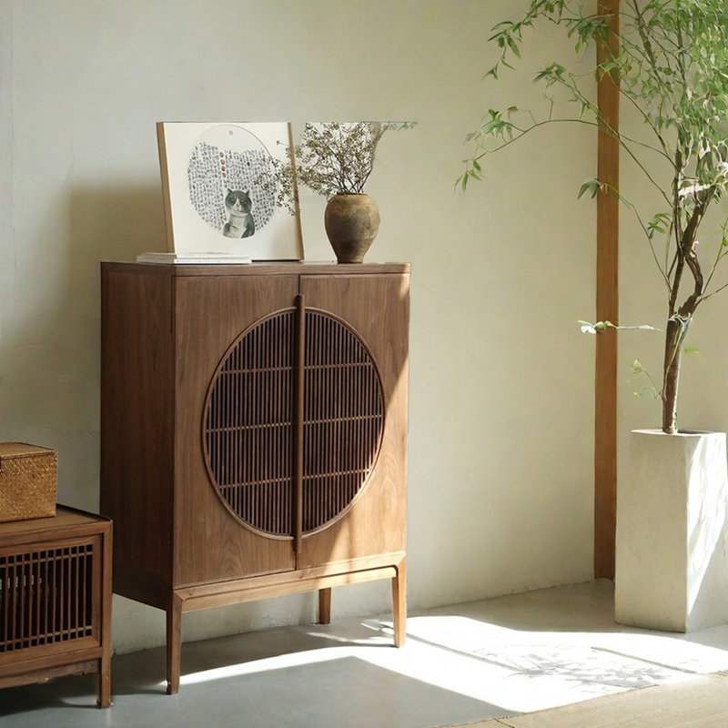 Buffet en bois massif zen de style chinois, Terre de Sienne