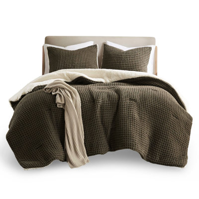 Twin Comforter With Waffle Knit Chenille Fabric, 100% , 2 Shams, Reverse, Machine Washable, Brown Size Bedding , & Fill, Back, Wash, Brownish