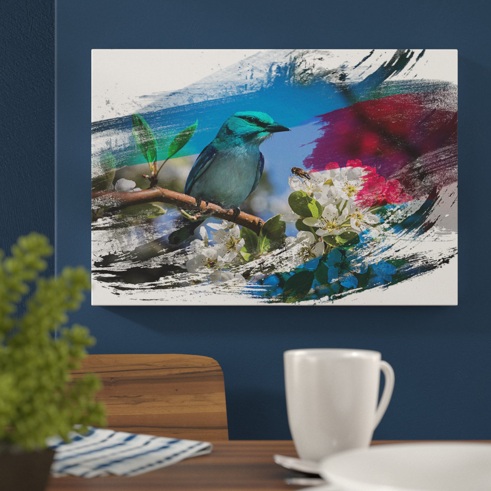 Blue Bird and Cherry Blossom Tree - Wrapped Canvas