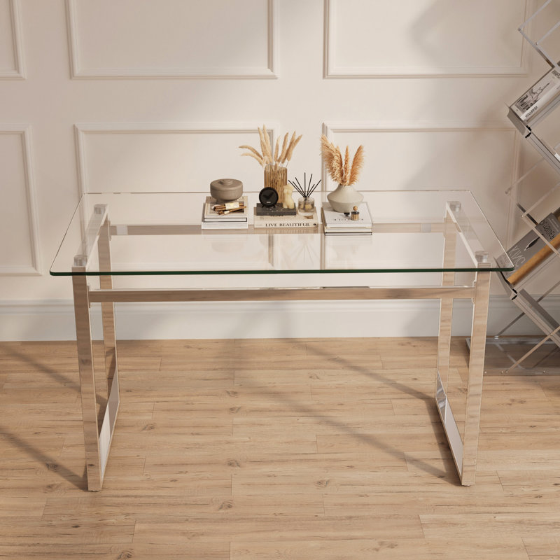51" Rectangular Glass Dining Table For 4-6 With 0.31" Tempered Glass Tabletop And Silver Chrome Metal Legs, Writing Table Desk, For Kitchen Dining Living Room