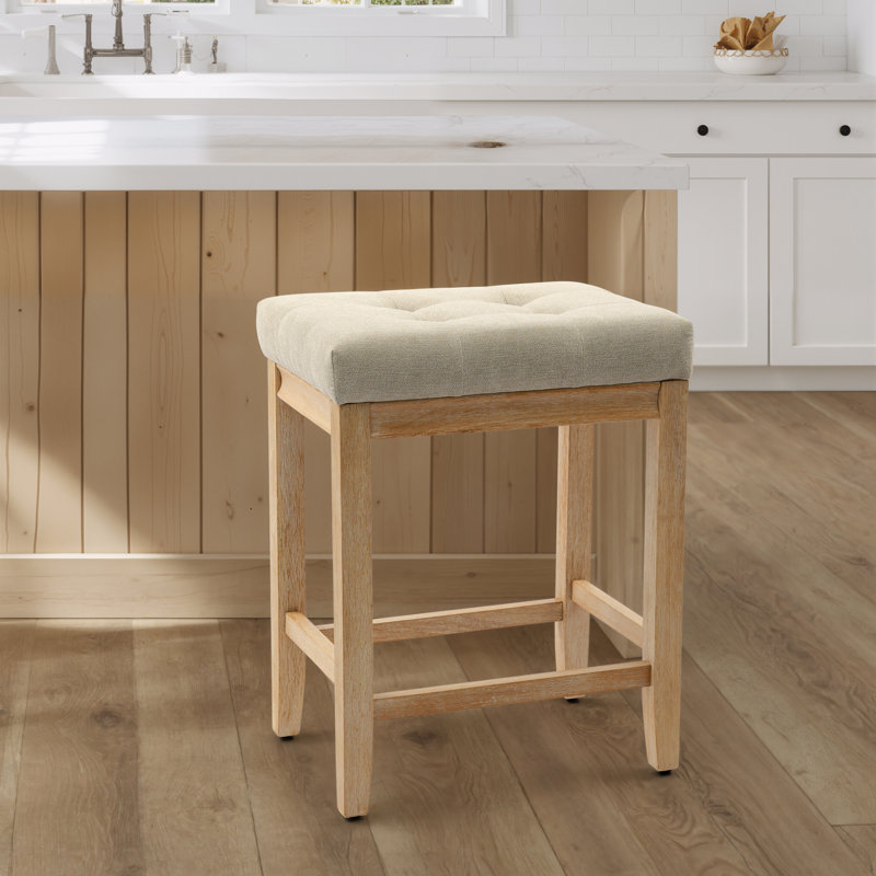 24" Yerly Extra-Wide Vintage Wood Bar Stool With Hand-Brushed Finish, Khaki