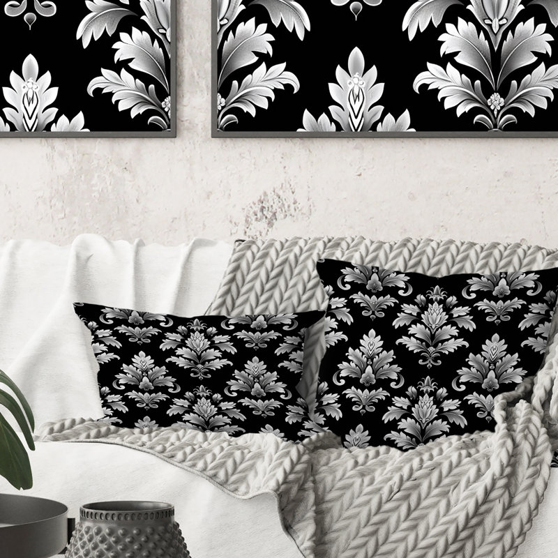 Coussin décoratif noir damassé noir, H 16 po x l 16 po