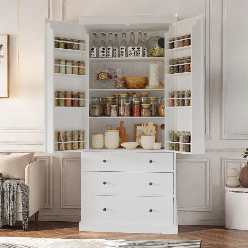 Garde-manger Farmhouse avec 3 tablettes réglables, 8 tablettes de porte et 3 tiroirs, Blanc