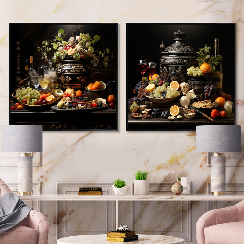 Worldly Symphony Fruit Cuisine - Ensemble de 2 collages carrés International Cuisine, Cadre flottant noir, H 16 po x l 33 po