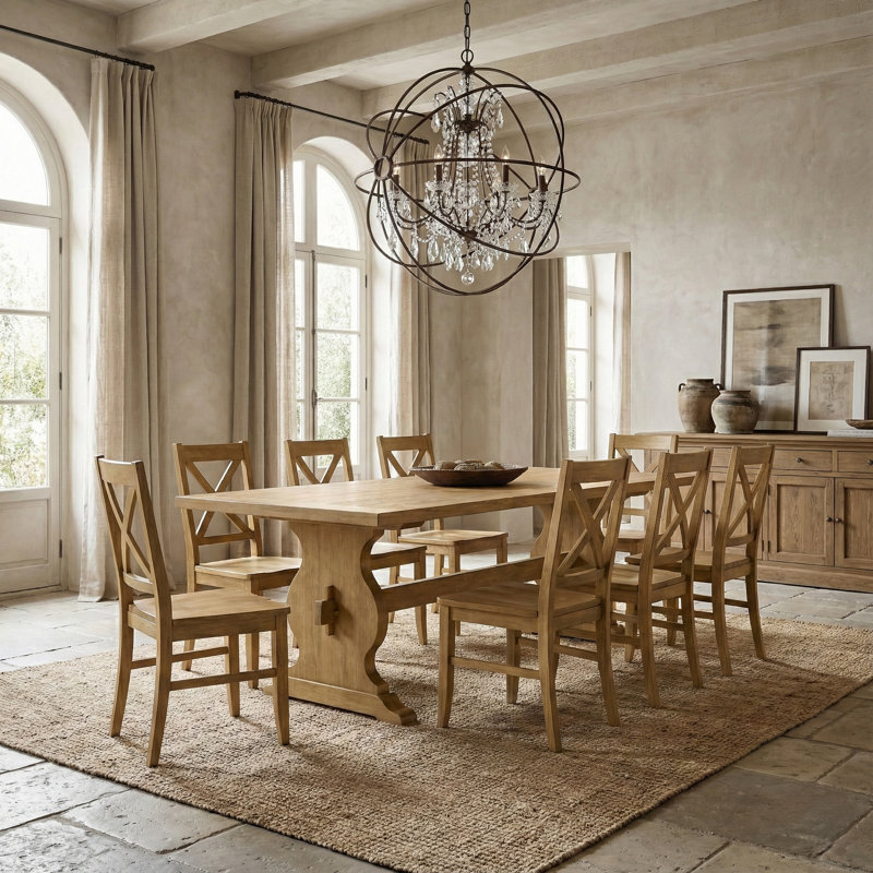 Almeda Traditional 70.8" Rectangular Dining Table Set, 9 Pieces: Table, 8 Chairs, Light Yellow Wood