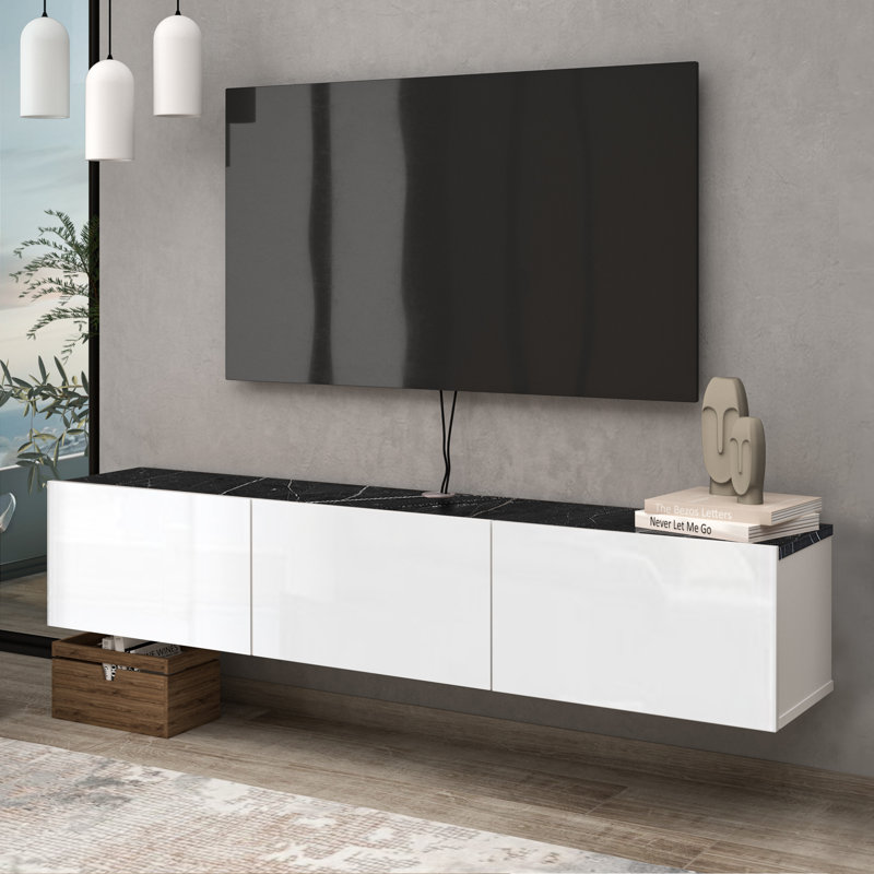 Meuble télé flottant Ronnye, Blanc brillant / marbre noir