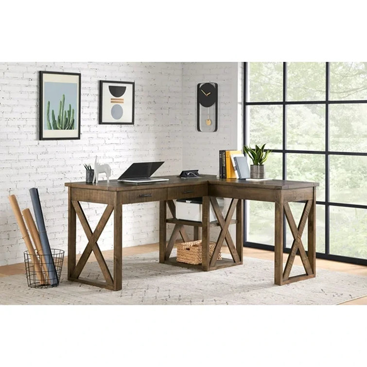Zane Solid Wood L-Shape Executive Desk with Built in Outlets