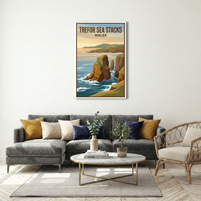 Trefor Sea Stacks, Wales - Romantic Coastal Travel Poster of Rugged Cliffs. Giclee Print on Wrapped Canvas. Wall Art, Home Decor - Natural Landmarks, Wales 1 Piece Wrapped Canvas Wall Art