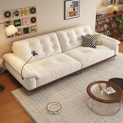 Canapé capitonné en tissu de chenille avec support pour téléphone flexible, canapé moderne à assise profonde et crème avec base en bois et pieds en métal