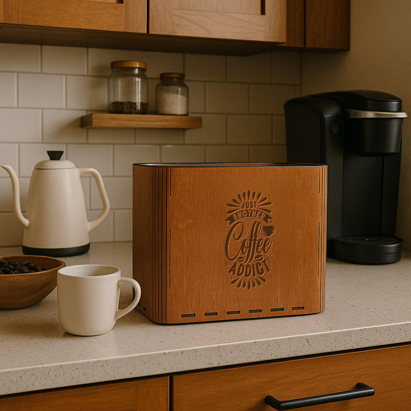 Slim Trash Can - "Just Another Coffee Addict" - Wooden Garbage Bin