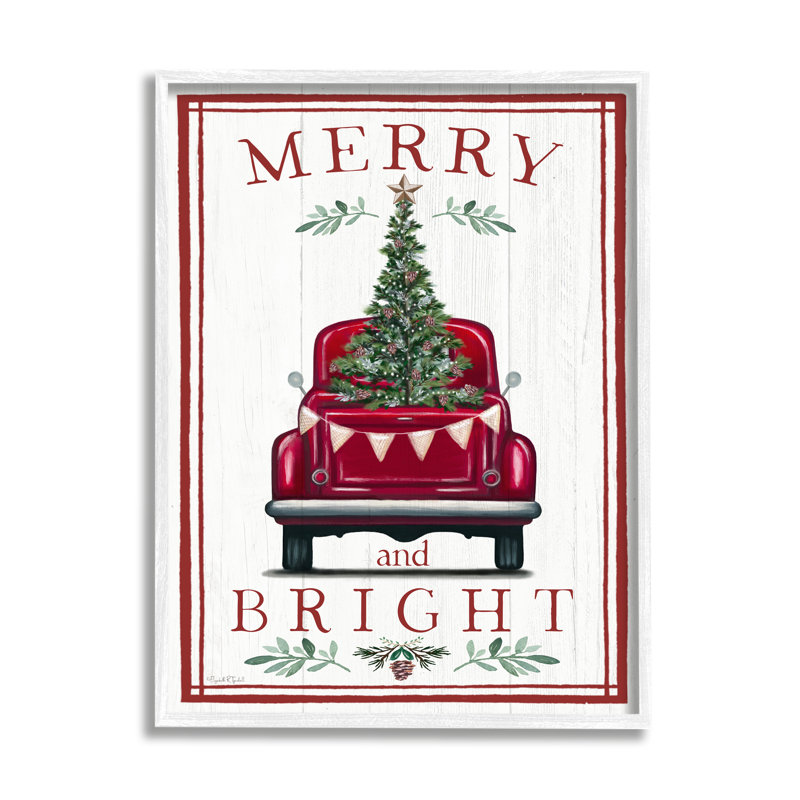 «Merry & Bright Christmas Tree In Truck Rustic Botanicals», estampe numérique encadrée noire par Elizabeth Tyndall