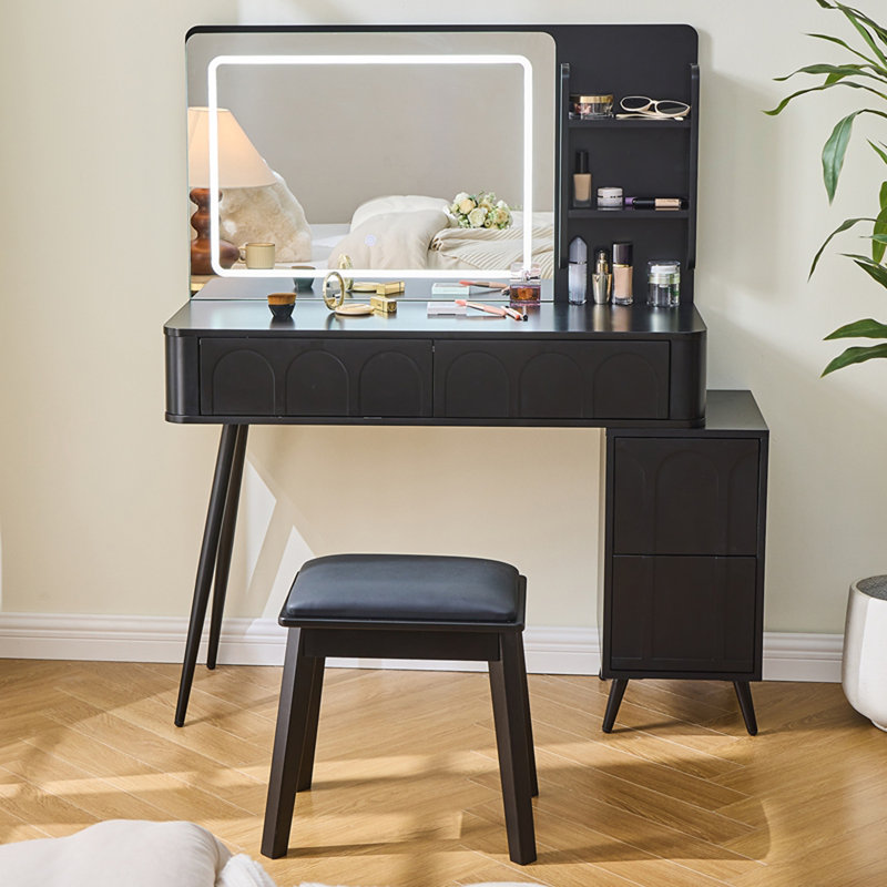 Modern Makeup Vanity Desk With LED Lights & Mirror, 4 Drawer Dressing Table Set With Stool, 3 Colors Dimmable Brightness, Space-Saving For Bedroom