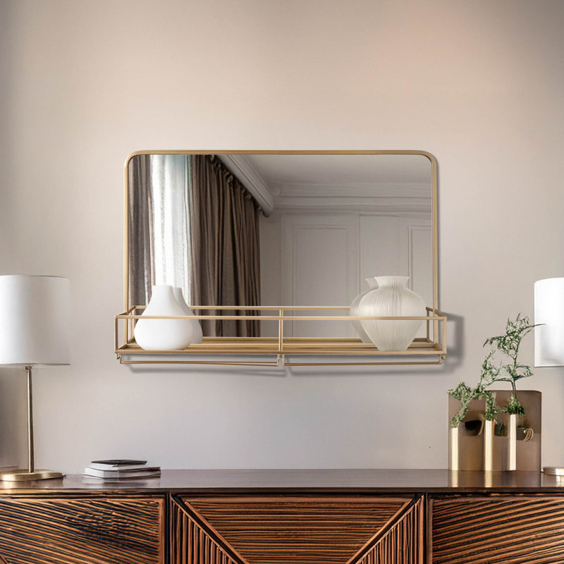 Jedson Modern Contemporary Gold Iron Metal Wall Glam Mirror with Shelf - 31x21"