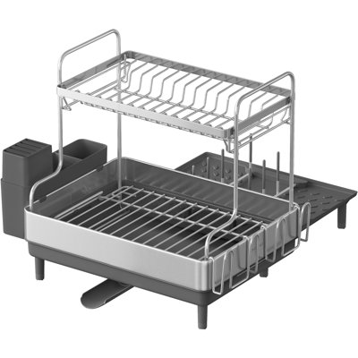 Dish Drainer Rack, Kitchen Expandable Dish Drying Rack, Stainless Steel, Extendable Spout, Utensil, Cup, Cutting Board Holders, (31.7-54.9) X 48.6 X 41 Cm, Silver And Grey