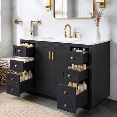 Meuble-lavabo 48 po avec comptoir d'évier, meuble-lavabo autoportant en panneau de fibres à densité moyenne avec 6 tiroirs et 2 portes à fermeture en douceur, poignées dorées, finition peinte lisse