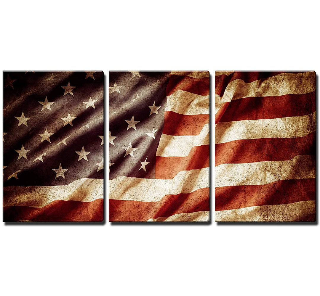Country Flag " Vintage Closeup Grunge American Flag " 3 - Pieces IDEA4WALL 