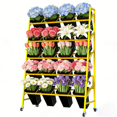 Présentoir à fleurs, présentoir à plantes à 4 niveaux avec 16 seaux à fleurs, support à fleurs mobile et robuste, pour patio extérieur, jardin, salon, fleuriste