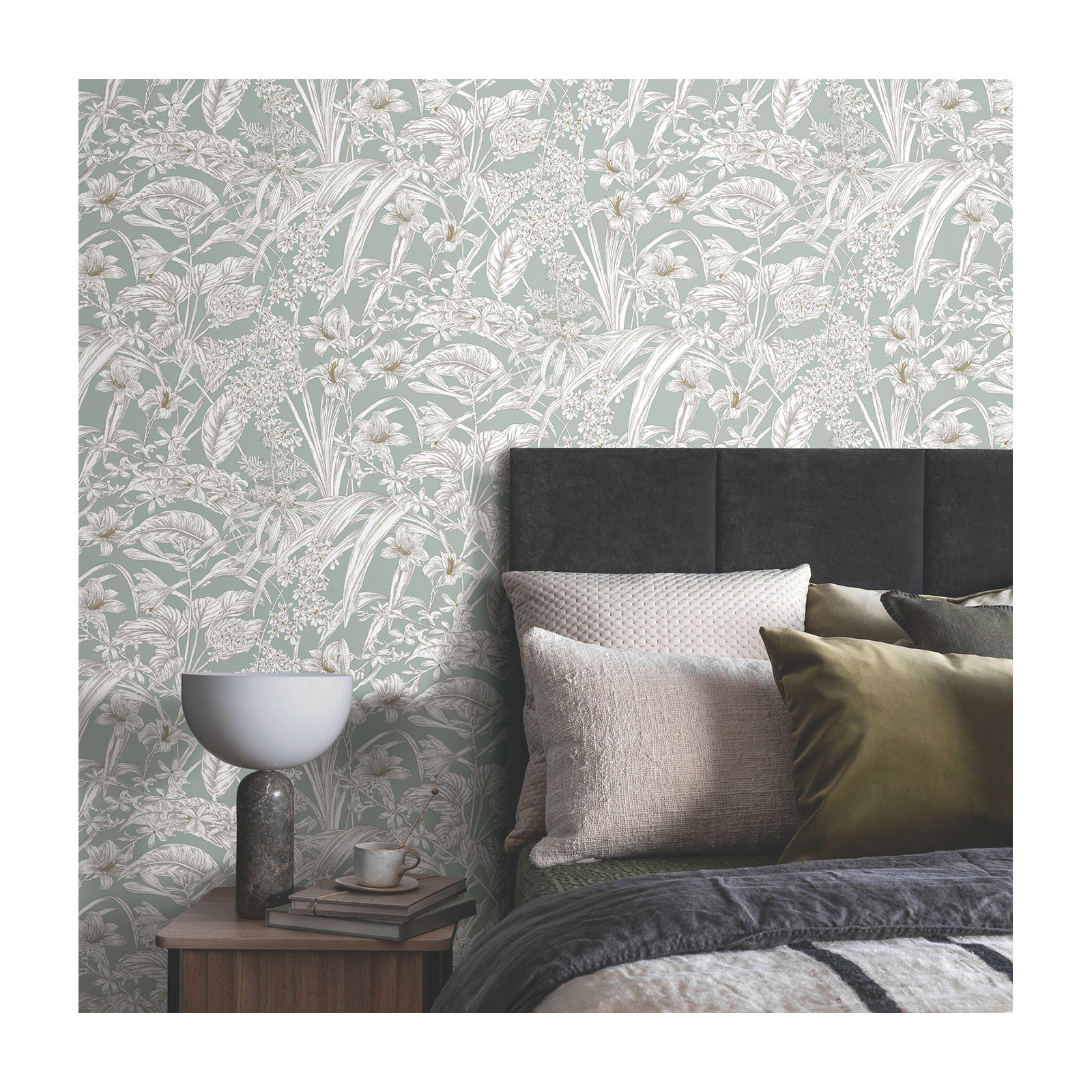 Conservatory Toile Floral,Solids Wallpaper, Seamist & Taupe