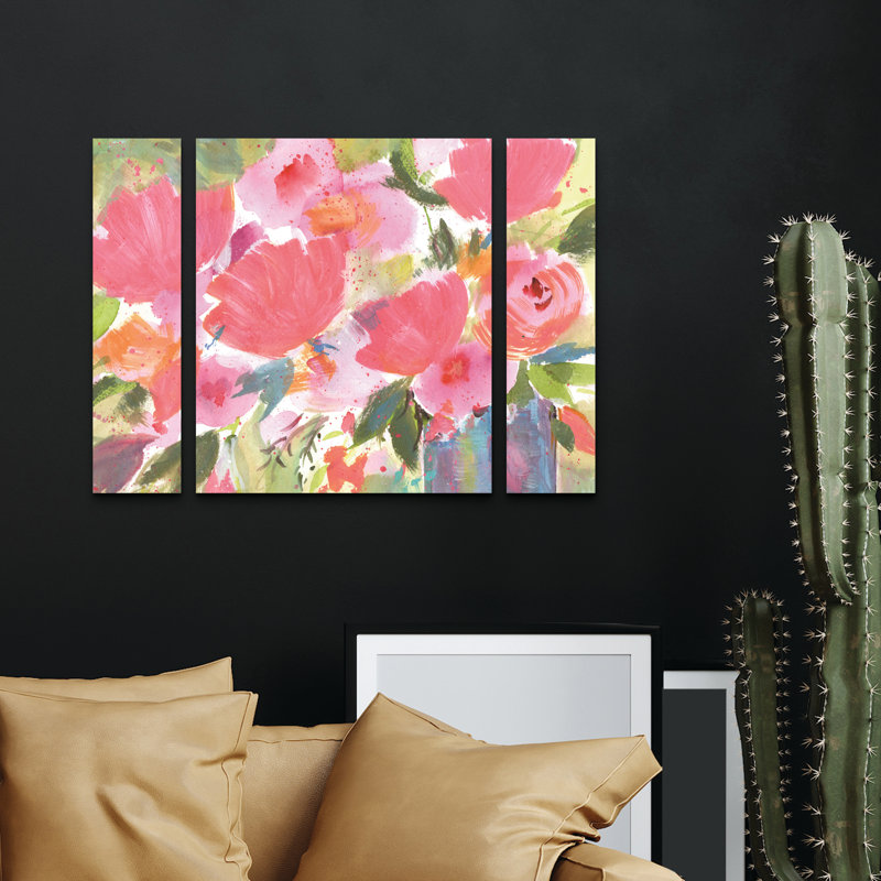 Ensemble de 3 panneaux - Sheila Golden «Pink Celebration Bouquet», art mural sur toile pour le salon, la chambre à coucher ou le bureau 
