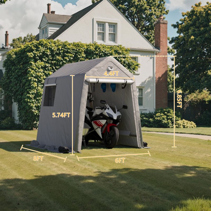 Garage portatif 6 x 8 pi avec 2 portes enroulables et fenêtres d'aération, abri de protection gris argenté pour la protection de la cour, du jardin et des véhicules