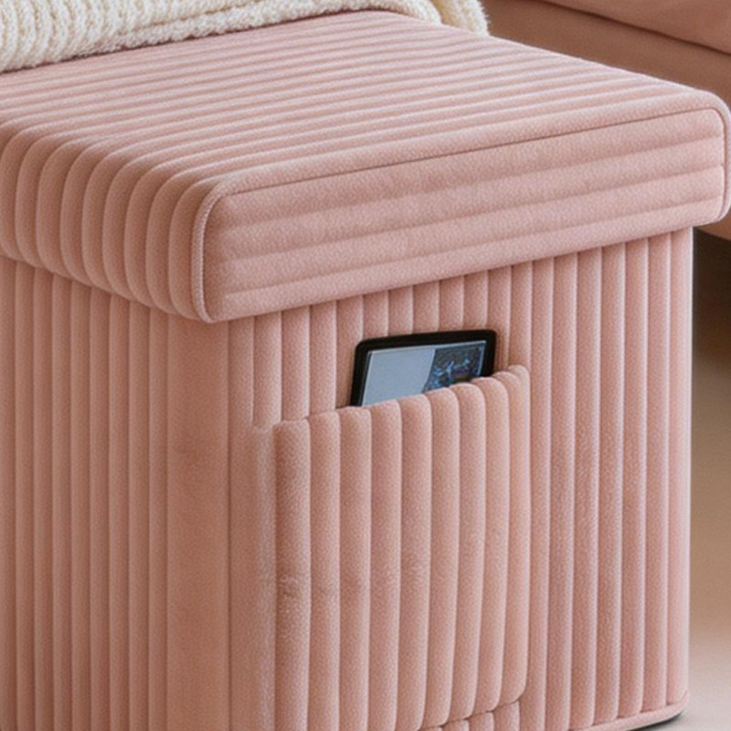 Pink Large Corduroy Foldable Storage Ottoman With Side Pockets, For Bedroom And Living Room, Pink