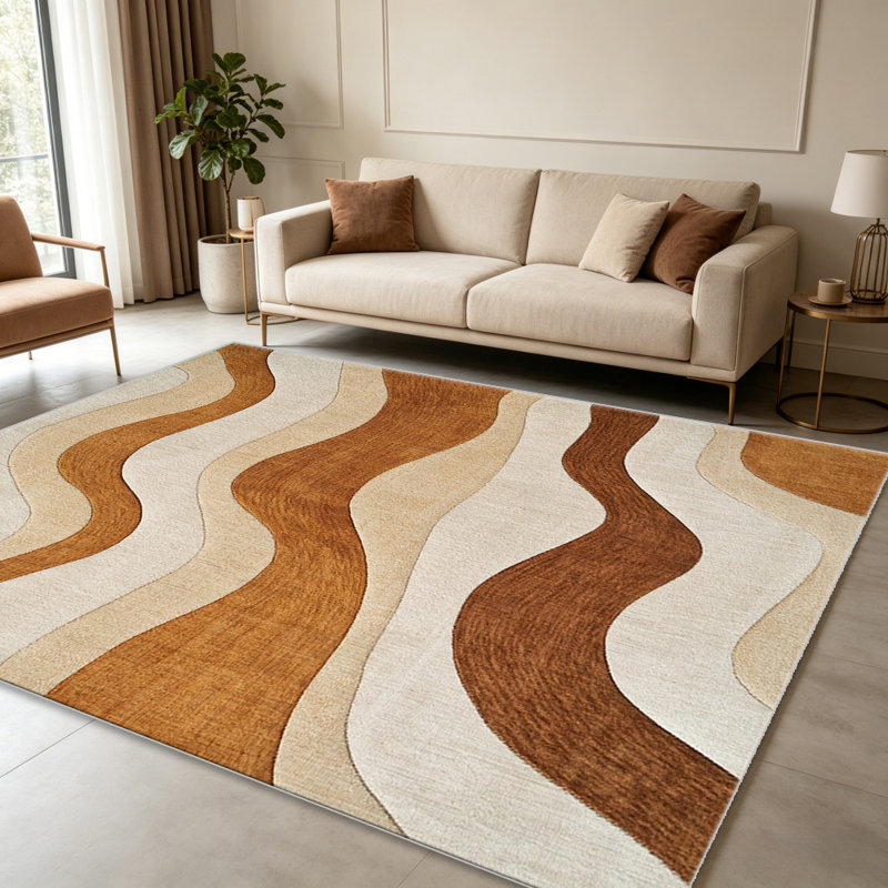 Brown Beige Wavy Stripes   area rugs for Living Room, Soft and Comfortable, Suitable for all seasons, easy to maintain, machine washable Indoor floor mat, Under Table Farmhouse suitable for Bedroom, Dining Room, Study,  Balcony, Home Decor Patio