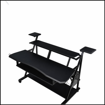 Willow Black Finish Music Desk with Built-in Speaker Shelves, Keyboard Tray, and Cable Management for Enhanced Productivity