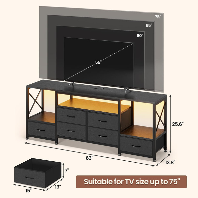 63" Industrial Tv Console Table With 6 Fabric Drawers And Open Shelves, Black