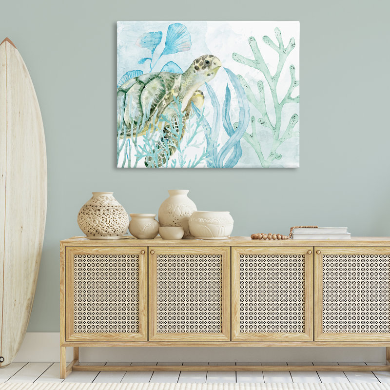 Tortue en aquarelle, art mural corail par Kim Allen, H 36 po x l 48 po