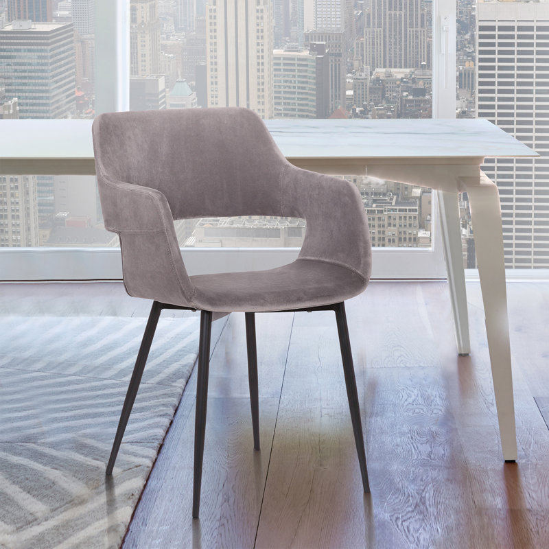 Bottlebrush Mid-Century Dining Accent Chair with Open Back in Fabric Upholstery, Steel, and Plywood, Gray