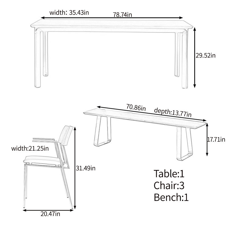 High quality solid wood table set, 29.52"H x 78.74"L x 35.43"W